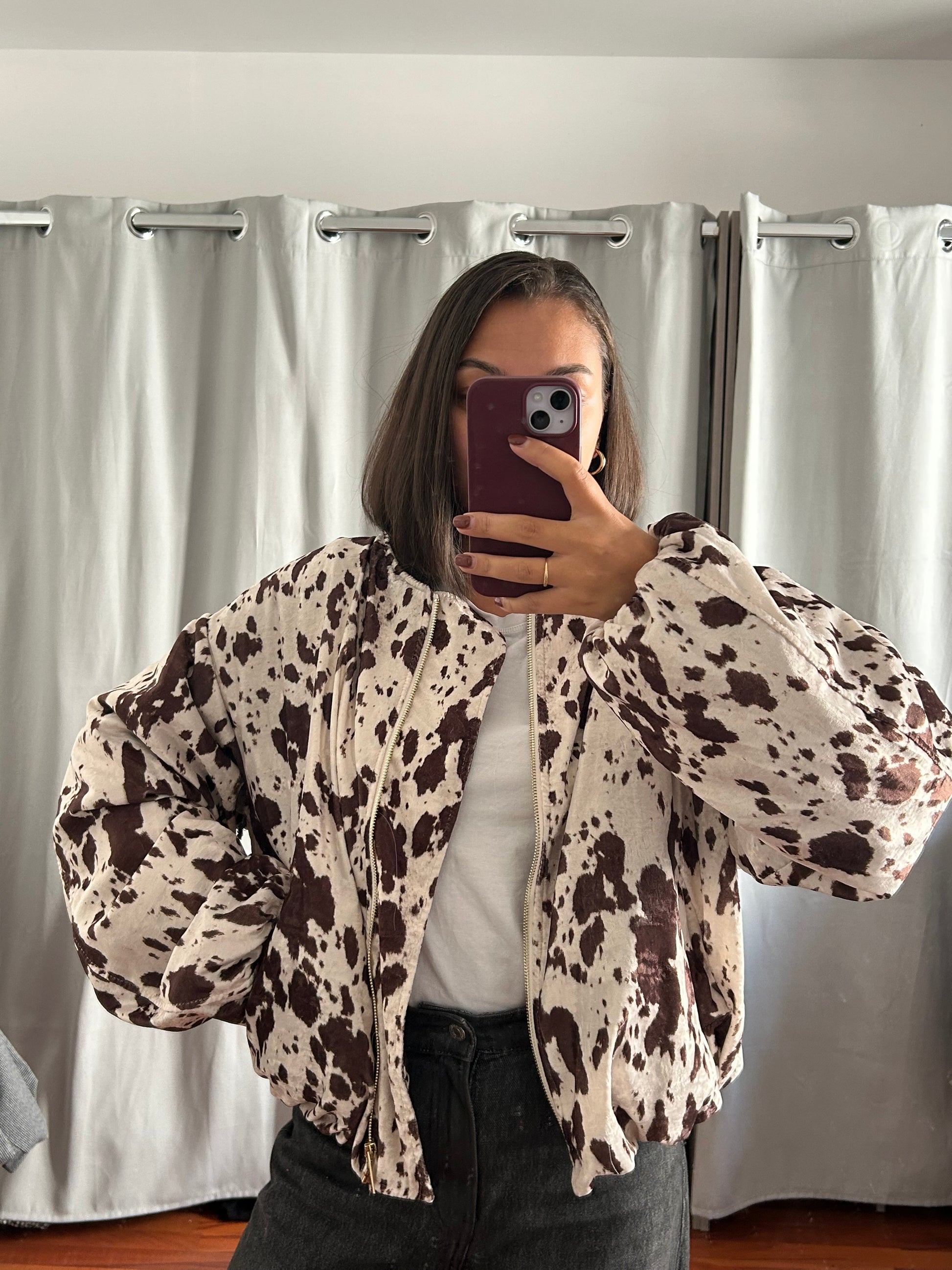 Giubbotto bomber con stampa leopardata color crema e marrone