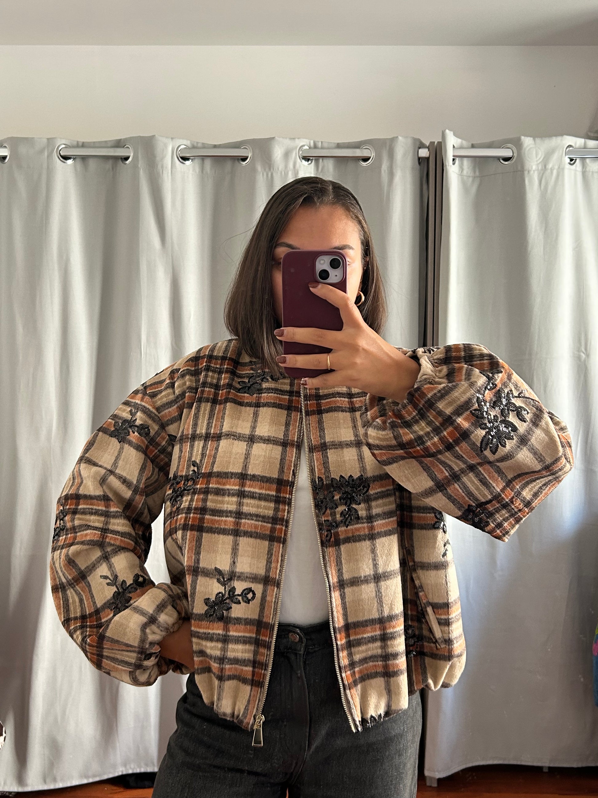 Giubbotto bomber a quadri ricamati beige e marrone