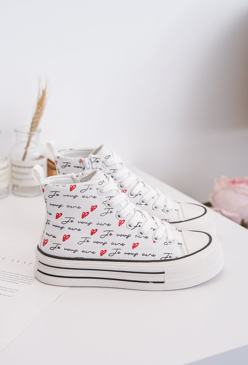 Sneakers alte bianche per bambini – Stampa “I Love You” – Scarpe con lacci per bambini