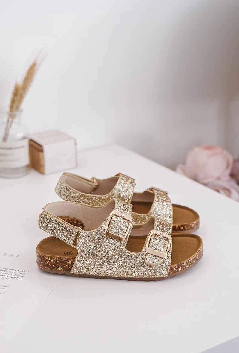 Sandalo con paillettes e papavero dorato