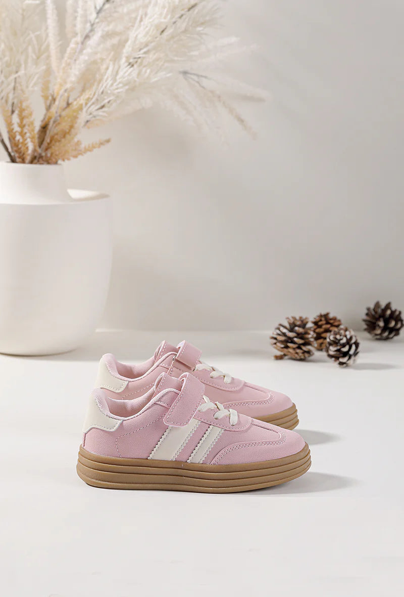 Sneakers rosa per bambini con strisce bianche – Suola spessa color cammello – Scarpe per bambini