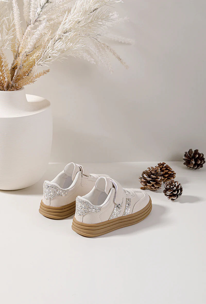 Sneakers con velcro per bambini – Scarpe per bambini – Beige e argento – Suola spessa