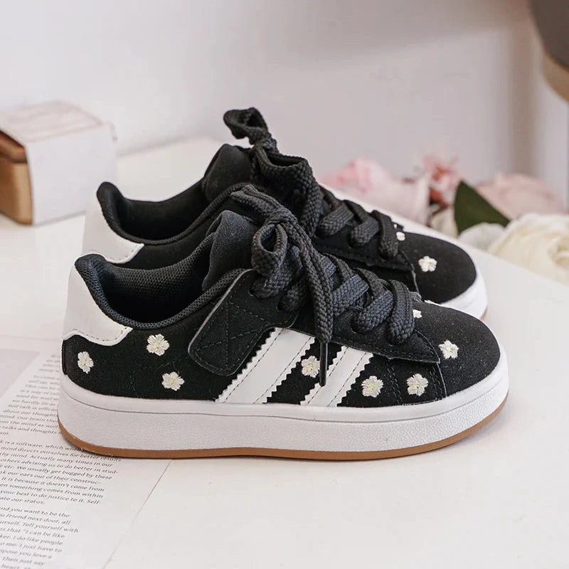 Sneakers con velcro per bambini – Scarpe per bambini – Comode e leggere – Nere con motivo floreale