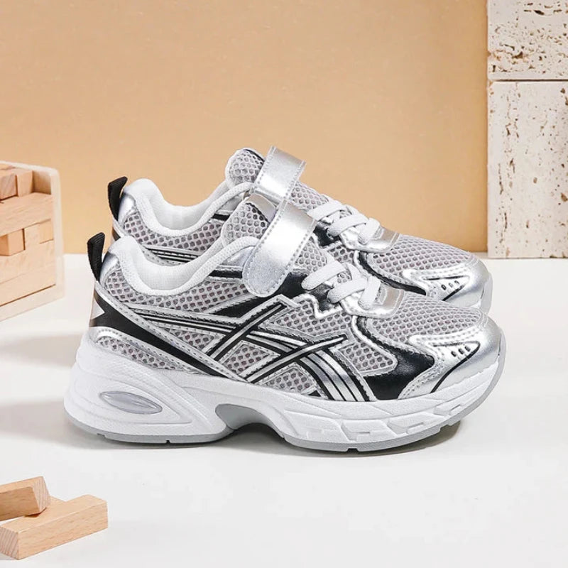 Sneakers con velcro per bambini – Scarpe sportive per bambini – Comode e leggere – Argento e nero