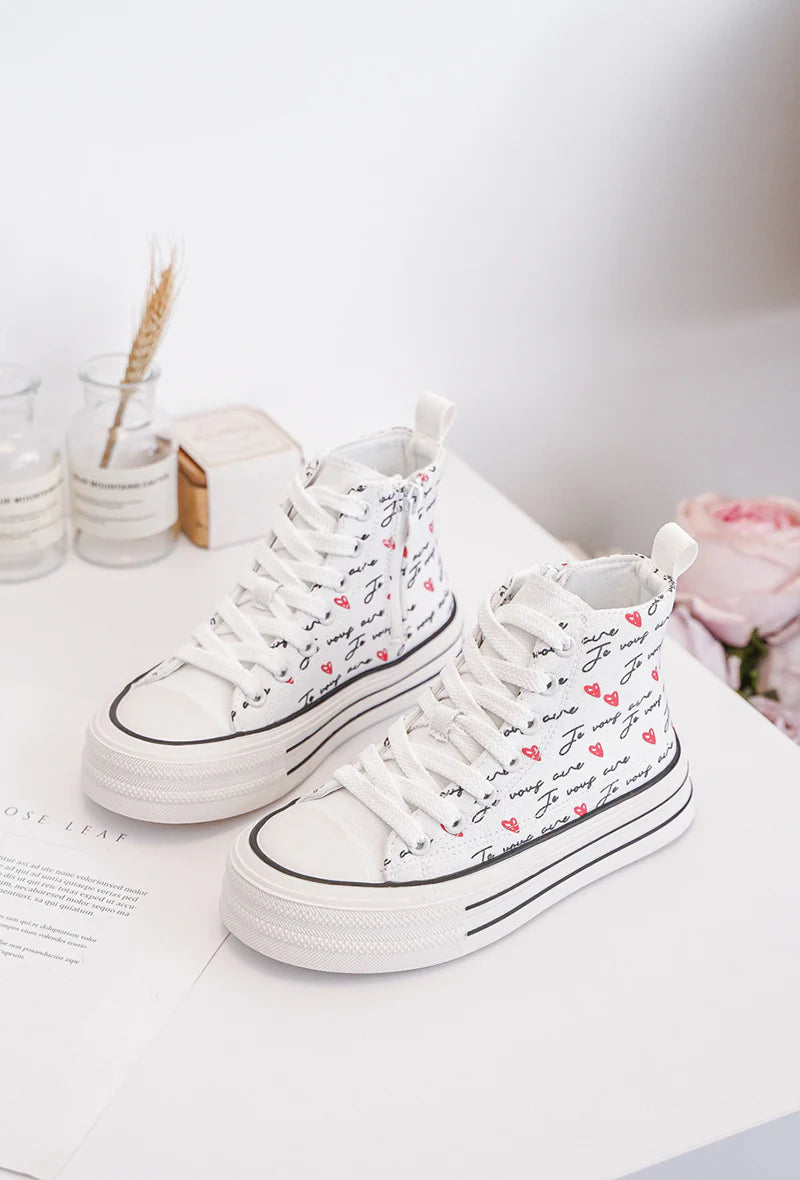 Sneakers alte bianche per bambini – Stampa “I Love You” – Scarpe con lacci per bambini