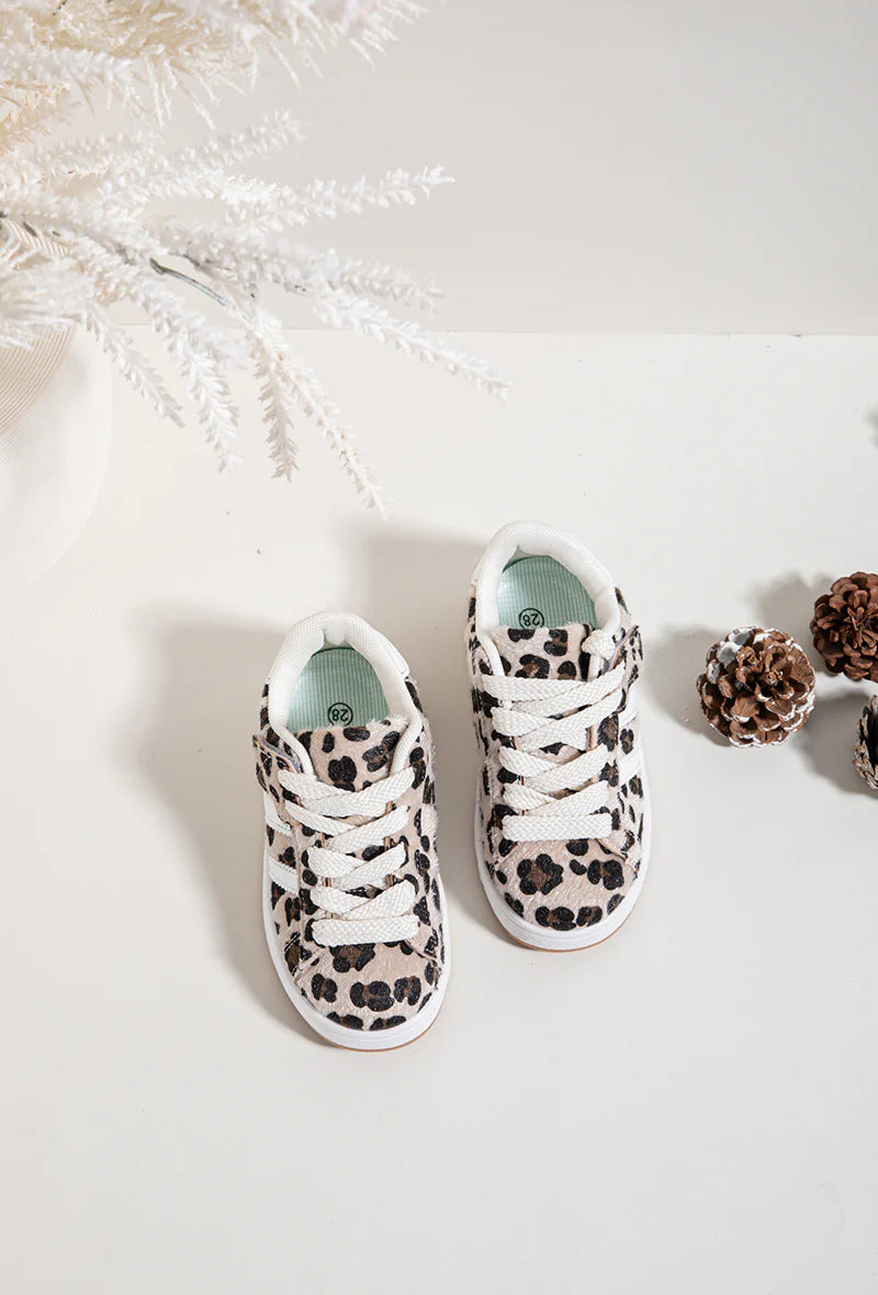 Sneakers con lacci per bambini – Scarpe per bambini – Comode e leggere – Stampa leopardata beige