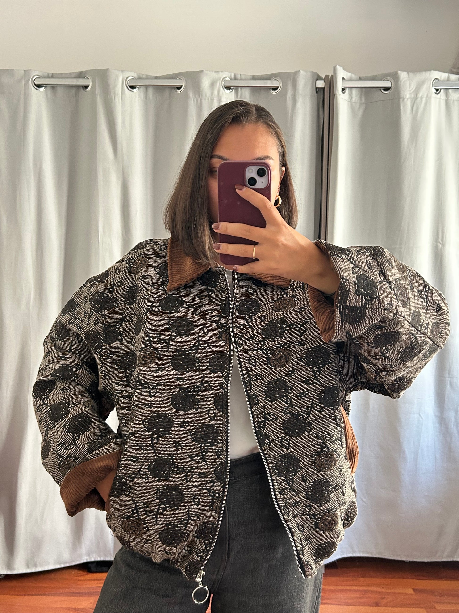 Giubbotto bomber jacquard floreale marrone e nero