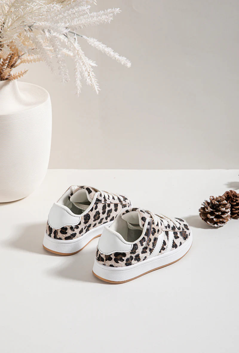 Sneakers con lacci per bambini – Scarpe per bambini – Comode e leggere – Stampa leopardata beige