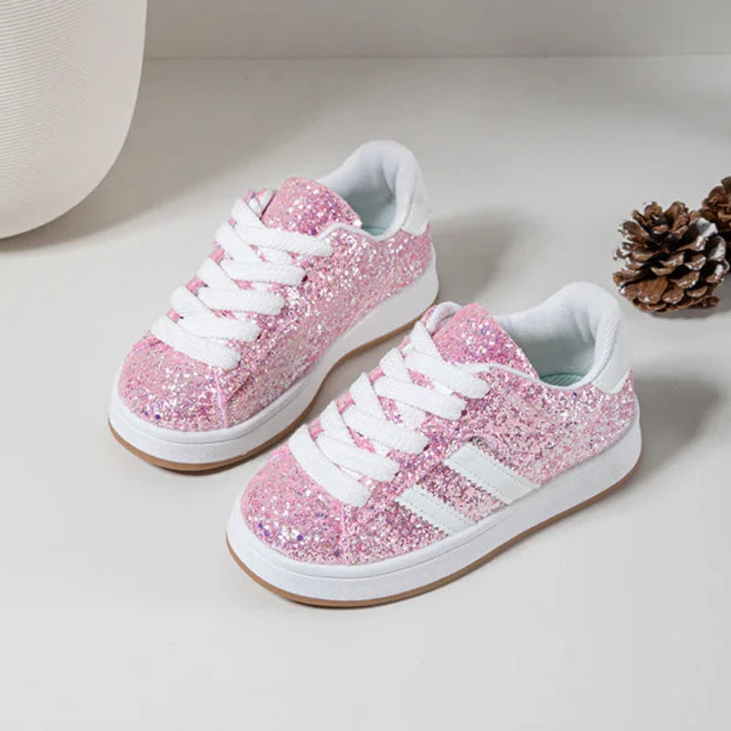 Sneakers glitterate per bambini – Scarpe rosa per bambini – Lacci – Suola comoda