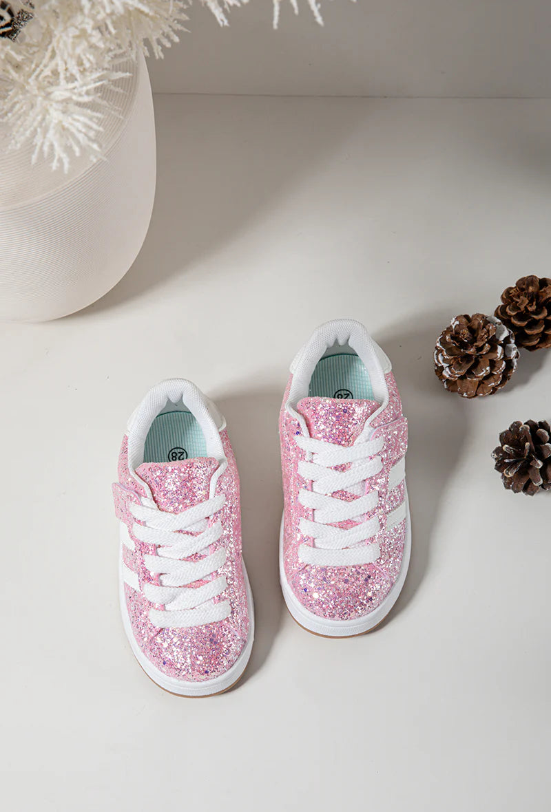 Sneakers glitterate per bambini – Scarpe rosa per bambini – Lacci – Suola comoda