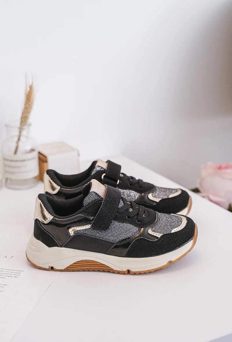 Sneakers nere per bambini con chiusura in velcro e dettagli dorati – Sneakers comode con suola spessa