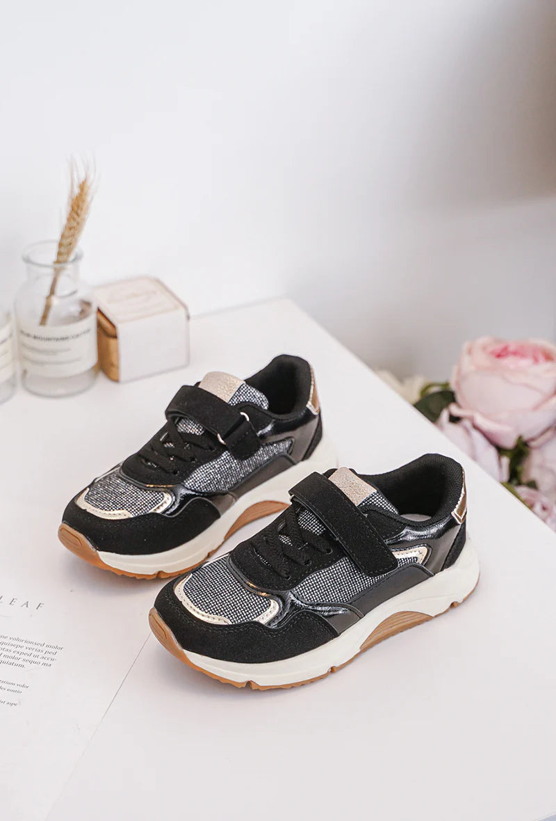 Sneakers nere per bambini con chiusura in velcro e dettagli dorati – Sneakers comode con suola spessa