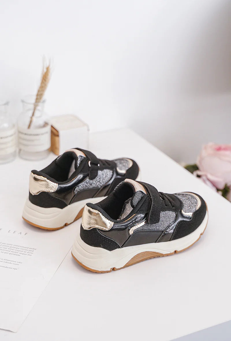 Sneakers nere per bambini con chiusura in velcro e dettagli dorati – Sneakers comode con suola spessa