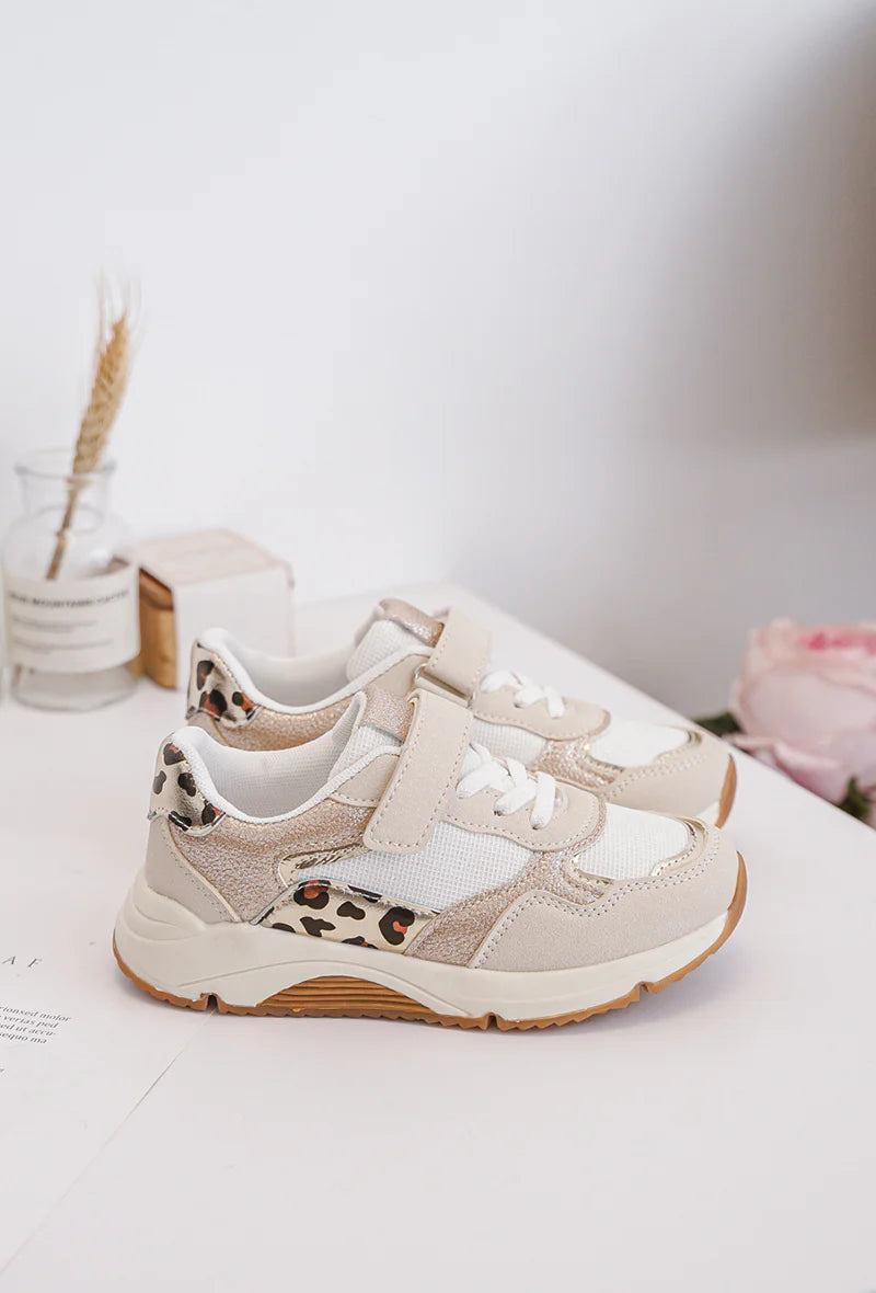 Sneakers beige per bambini con velcro e dettagli leopardati – Sneakers comode con suola