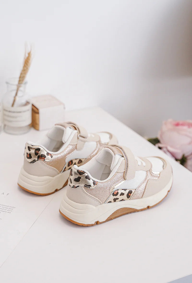 Sneakers beige per bambini con velcro e dettagli leopardati – Sneakers comode con suola