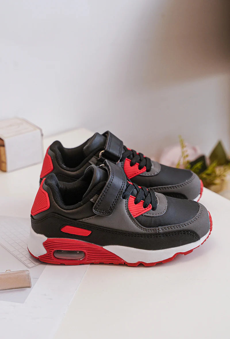 Sneakers con velcro per bambini – Scarpe sportive per bambini – Comode e leggere – Grigio, nero e rosso