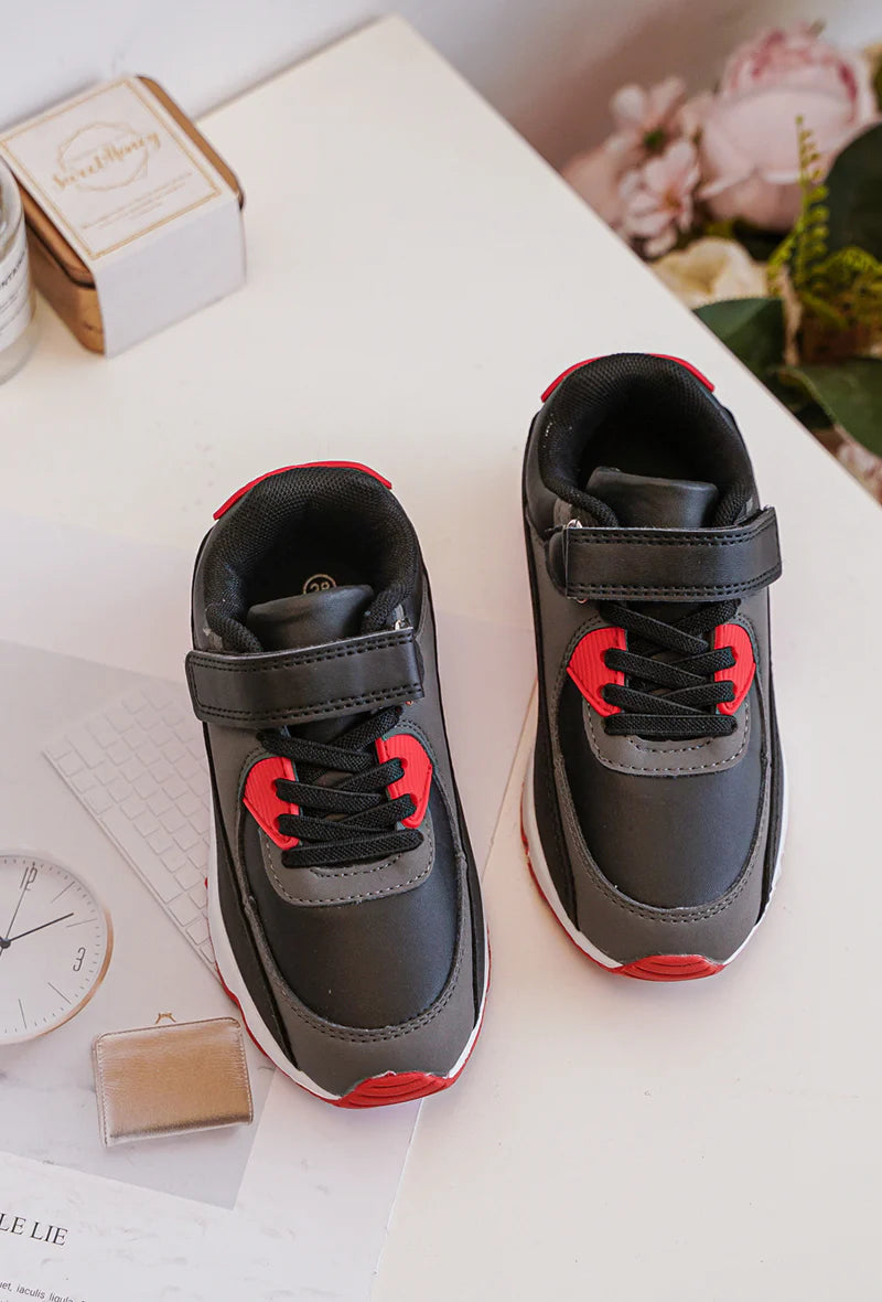 Sneakers con velcro per bambini – Scarpe sportive per bambini – Comode e leggere – Grigio, nero e rosso