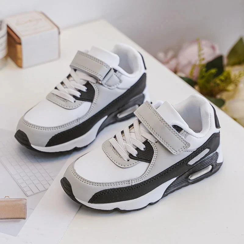 Sneakers con velcro per bambini – Scarpe sportive per bambini – Comode e leggere – Bianco, grigio e nero