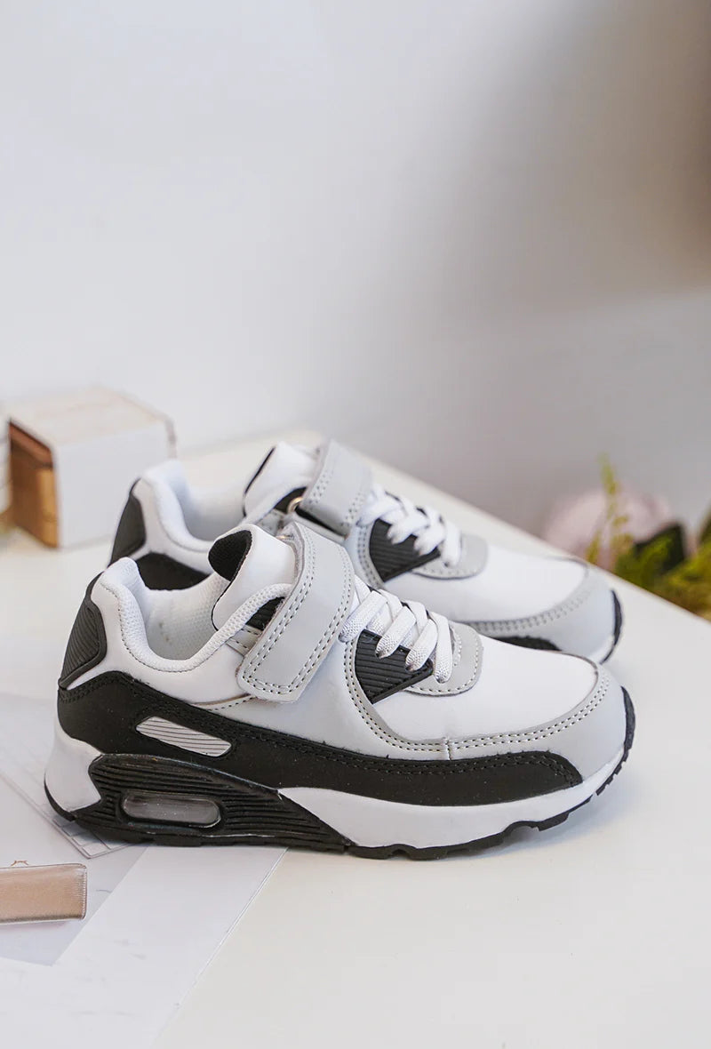 Sneakers con velcro per bambini – Scarpe sportive per bambini – Comode e leggere – Bianco, grigio e nero