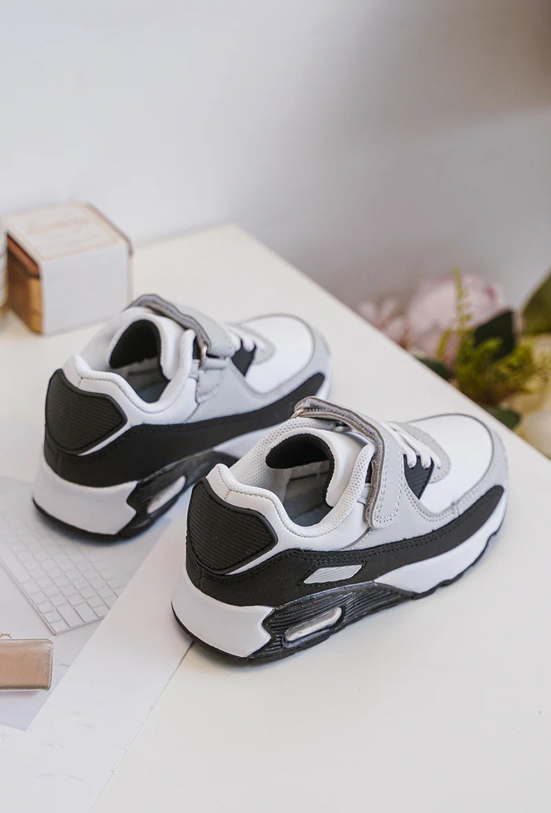 Sneakers con velcro per bambini – Scarpe sportive per bambini – Comode e leggere – Bianco, grigio e nero