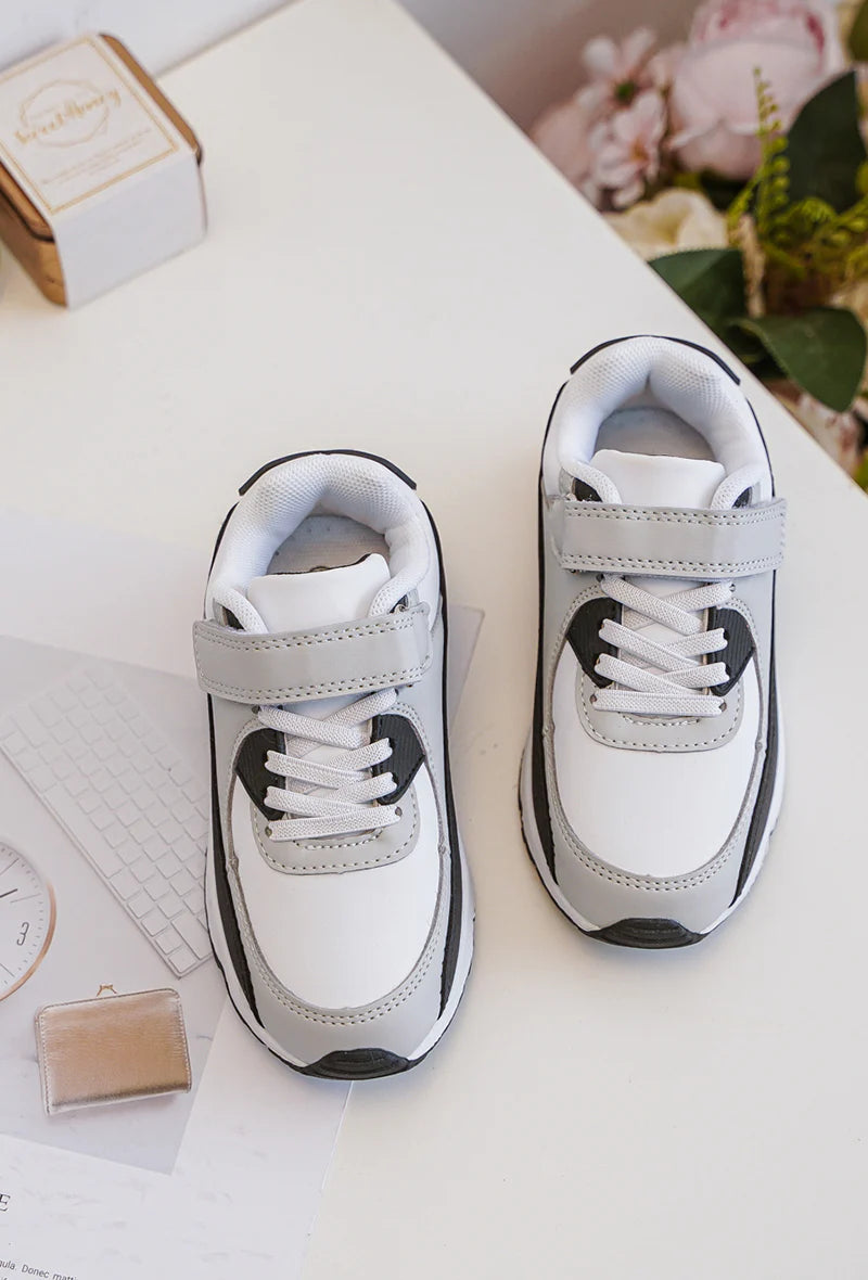 Sneakers con velcro per bambini – Scarpe sportive per bambini – Comode e leggere – Bianco, grigio e nero
