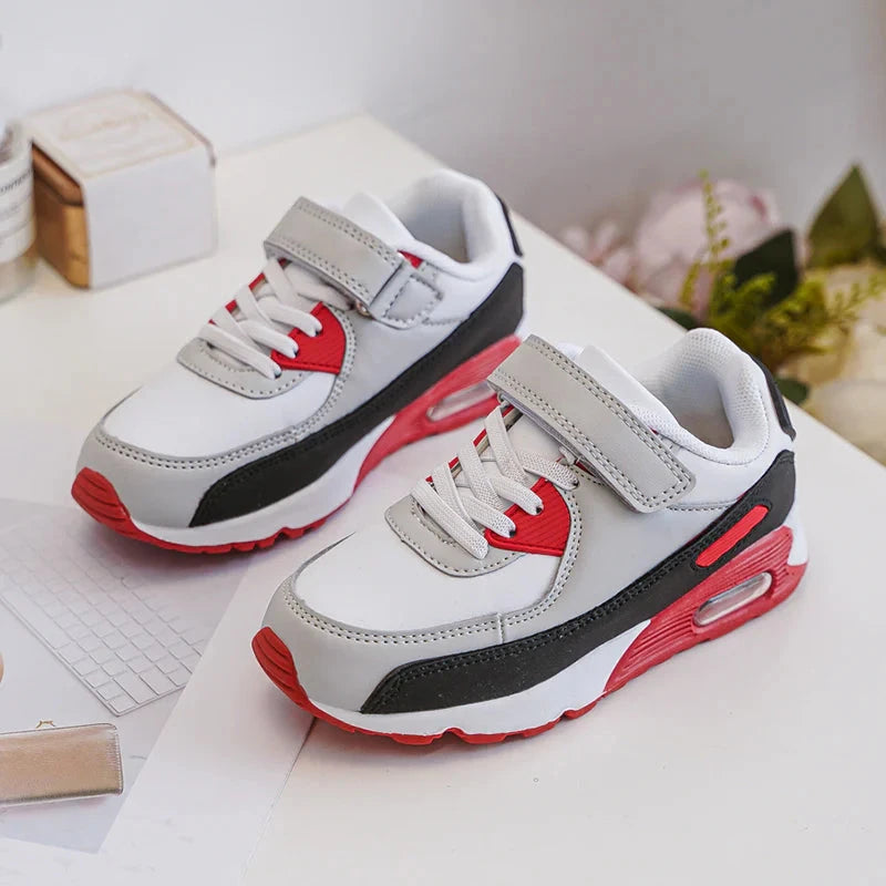 Sneakers con velcro per bambini – Scarpe sportive per bambini – Comode e leggere – Bianco, grigio e rosso