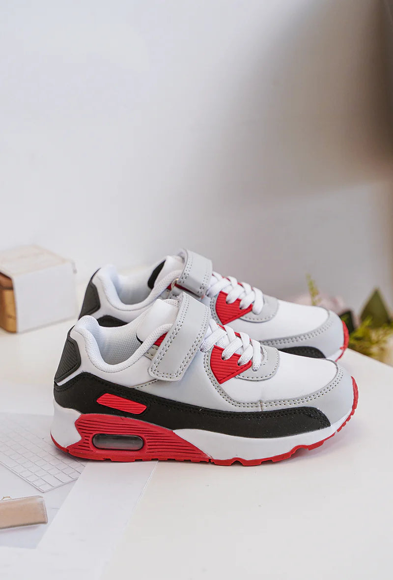 Sneakers con velcro per bambini – Scarpe sportive per bambini – Comode e leggere – Bianco, grigio e rosso