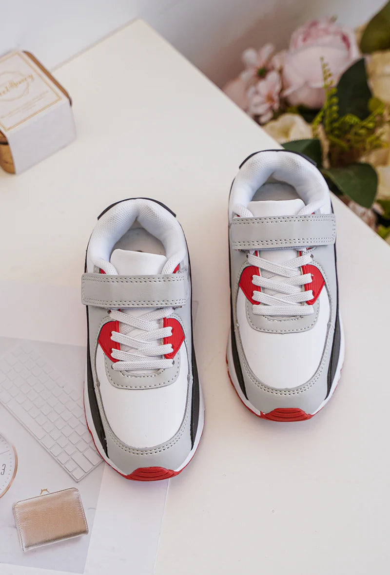 Sneakers con velcro per bambini – Scarpe sportive per bambini – Comode e leggere – Bianco, grigio e rosso