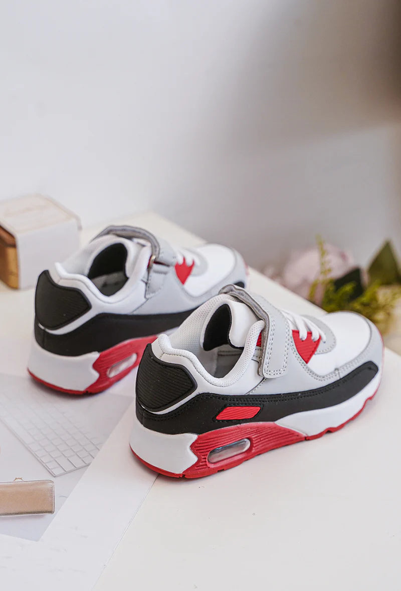 Sneakers con velcro per bambini – Scarpe sportive per bambini – Comode e leggere – Bianco, grigio e rosso