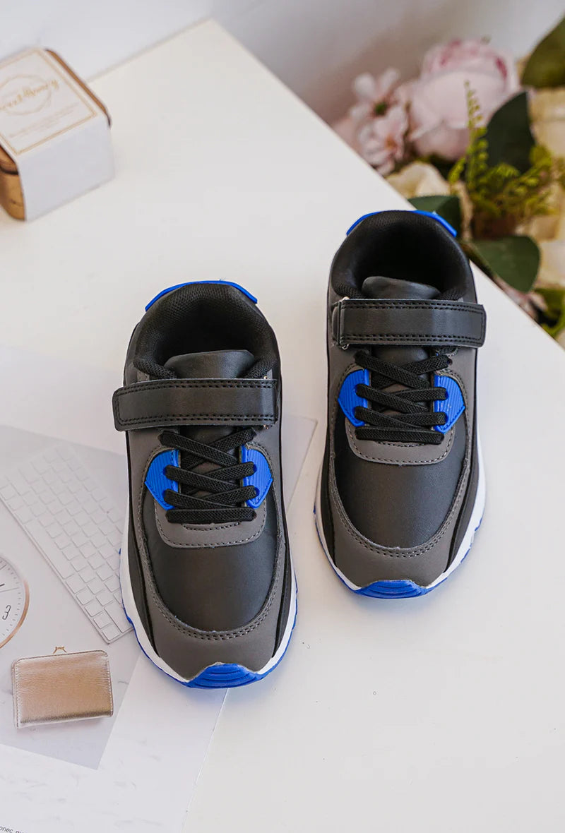 Sneakers con velcro per bambini – Scarpe sportive per bambini – Comode e leggere – Grigio, nero e blu